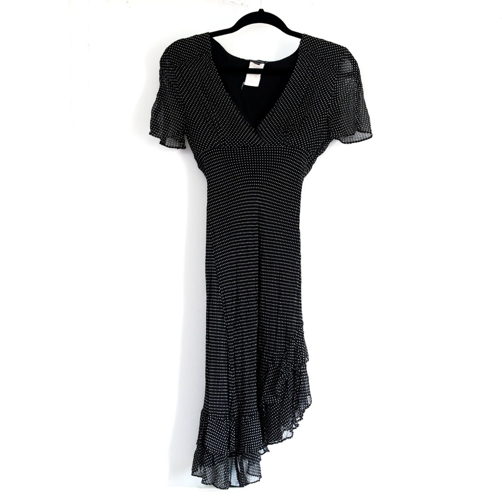 Bebe 100% silk vintage pinup style polkadot black dress